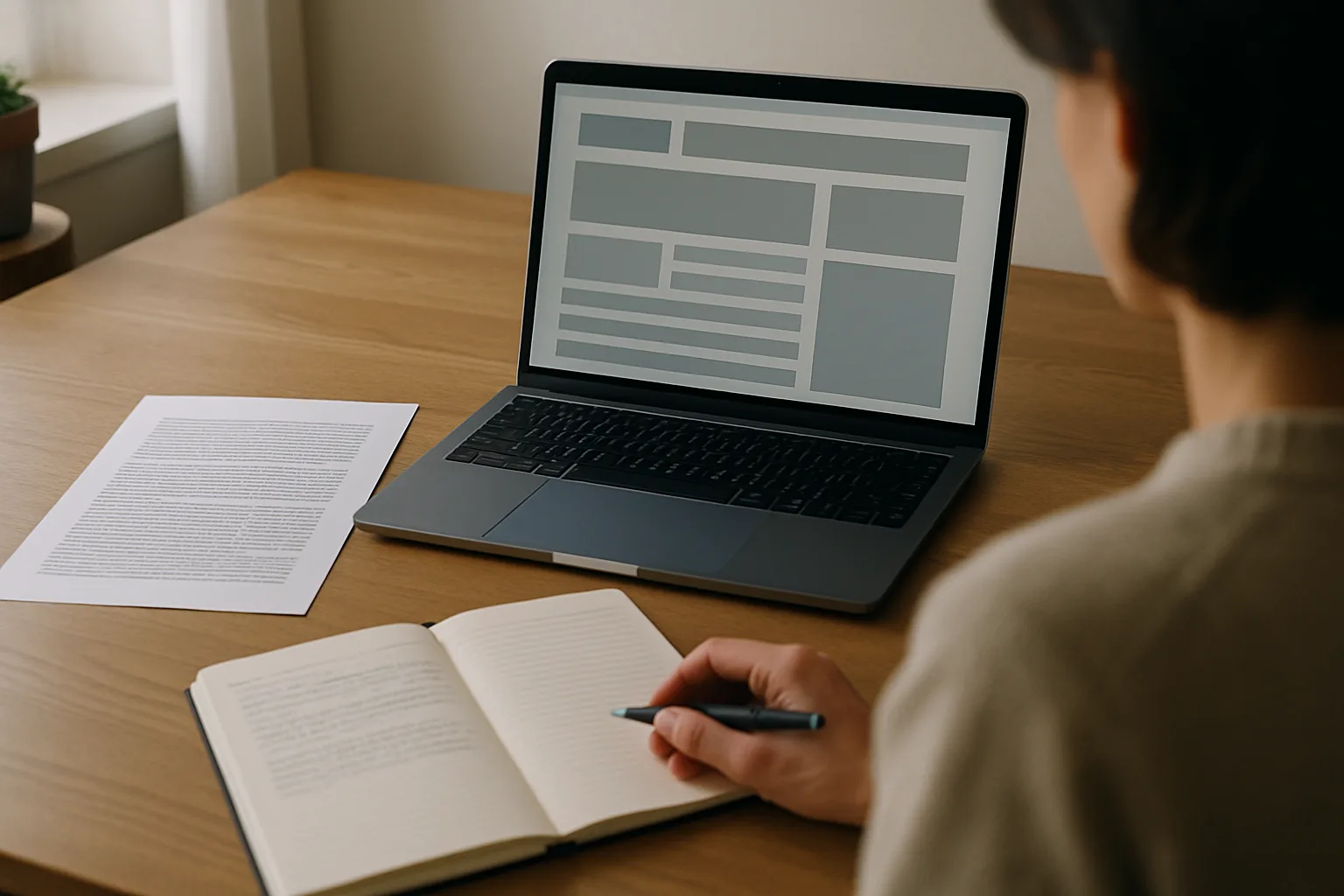 Un poste de travail avec un ordinateur portable et des notes de préparation éditoriale.