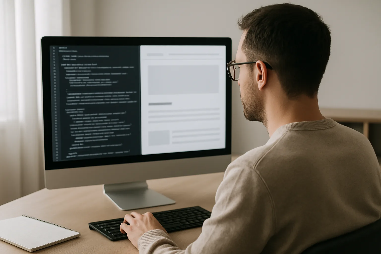 Écran affichant une page web et des lignes de code dans un espace de travail éditorial.