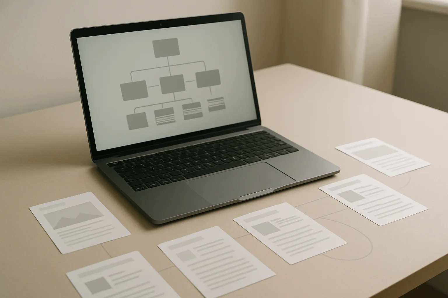 Ordinateur et fiches éditoriales disposés autour d’une carte abstraite de liens entre des pages web.